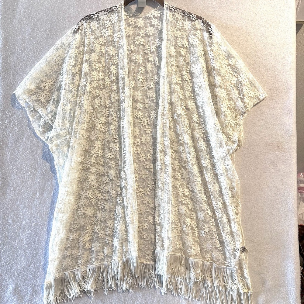 Vintage 70s‎ Lace Kimono Fringe Ivory Open